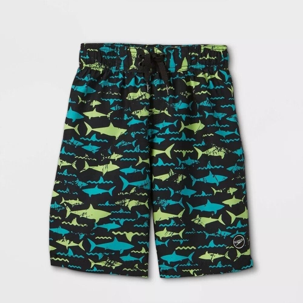 NWT, Boys Size M, Speedo Boys' Shark Print Swim Trunks - Black (H3)